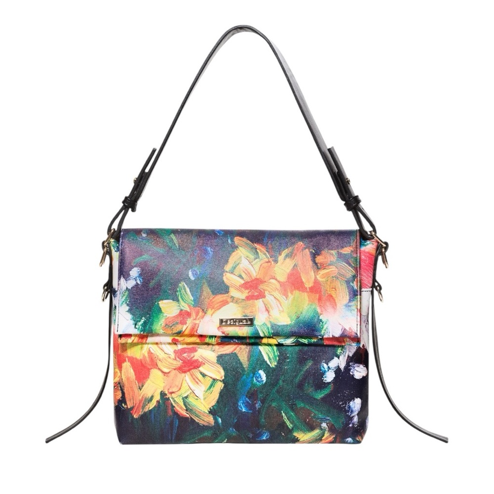 Desigual‎ Mini Messenger Bag Reversible Floral Flap Black Multicolour Handbag